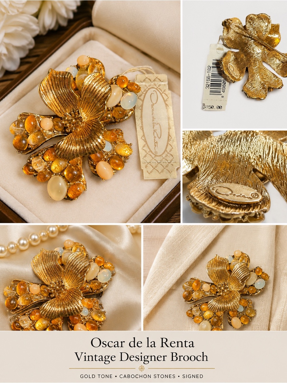 Vintage Oscar de la Renta Gold Tone Floral Brooch Opaline Amber Cabochons NOS